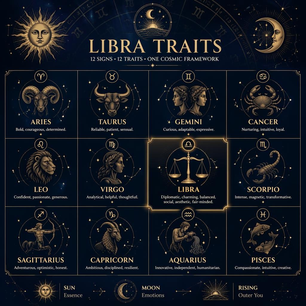 Celestial zodiac infographic in deep blue and gold with 12-sign grid, Libra highlighted with scales, stars, and editorial type.