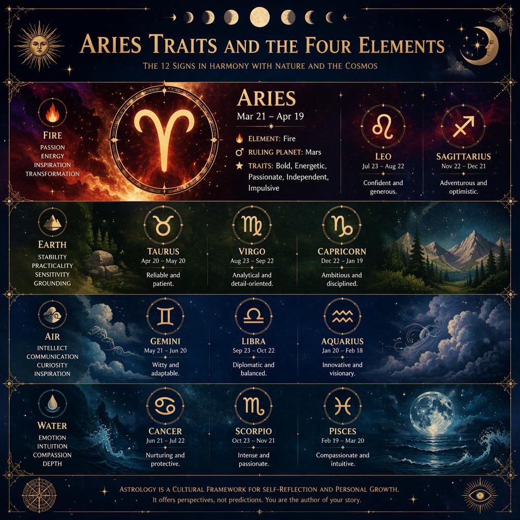 Infografía zodiacal en cuadrícula de 12 signos con Aries destacado en fuego, estilo acuarela mística azul noche y dorado.