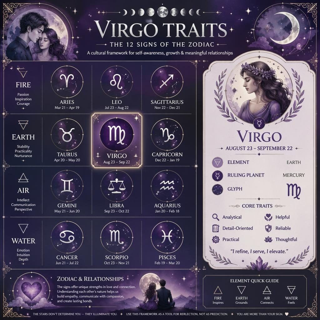 Infografía zodiacal de 12 signos por elementos, con Virgo destacado en morado y plata, perfil ampliado y detalles celestiales.