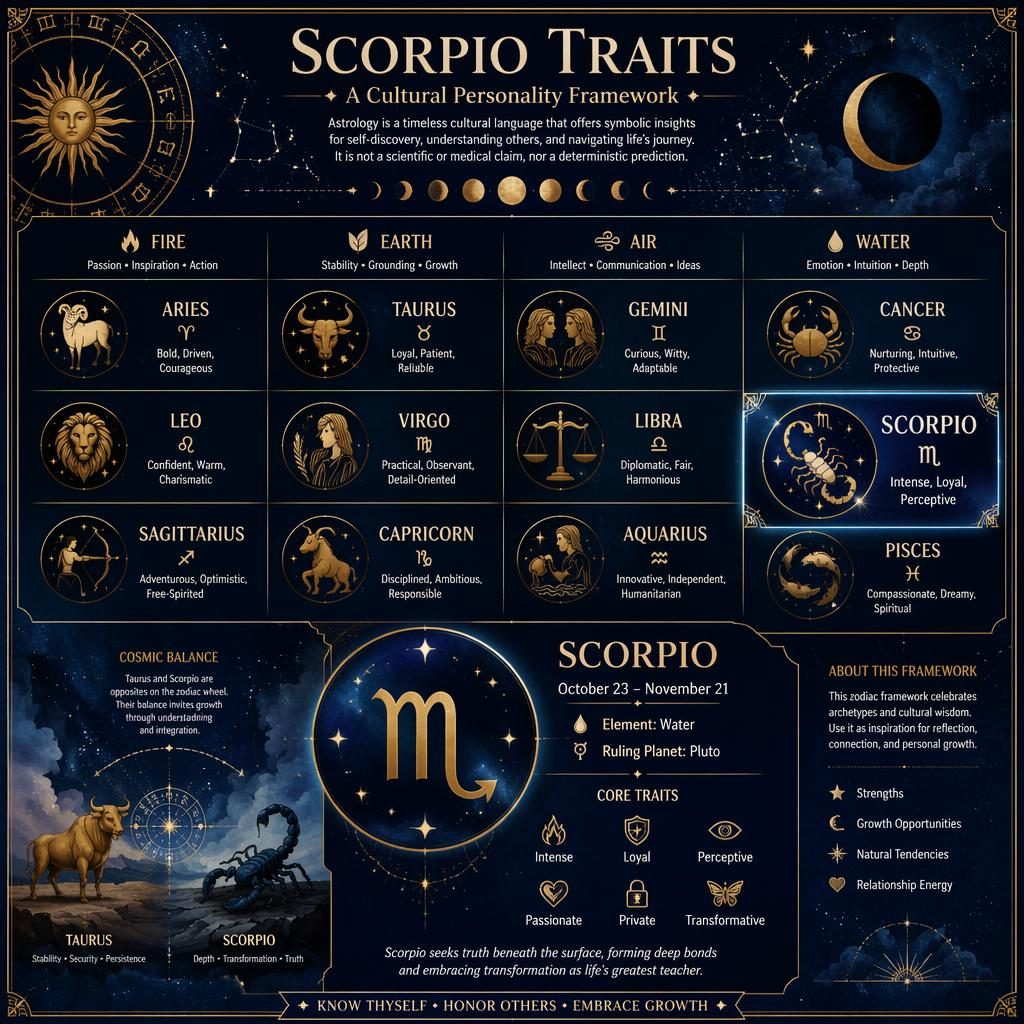 Infografía zodiacal en acuarela azul noche y dorado con los 12 signos, Escorpio destacado y símbolo de oposición con Tauro.
