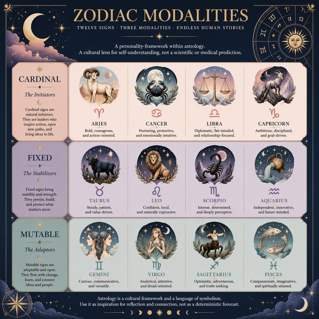 Pastel zodiac infographic grid showing 12 signs grouped by cardinal, fixed, and mutable with glyphs and gold celestial art.