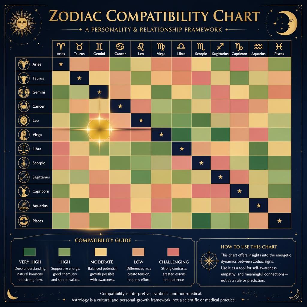 Mapa de compatibilidad zodiacal 12x12 en azul profundo y dorado, con foco visual en Leo y Tauro, iconos y leyenda en inglés.