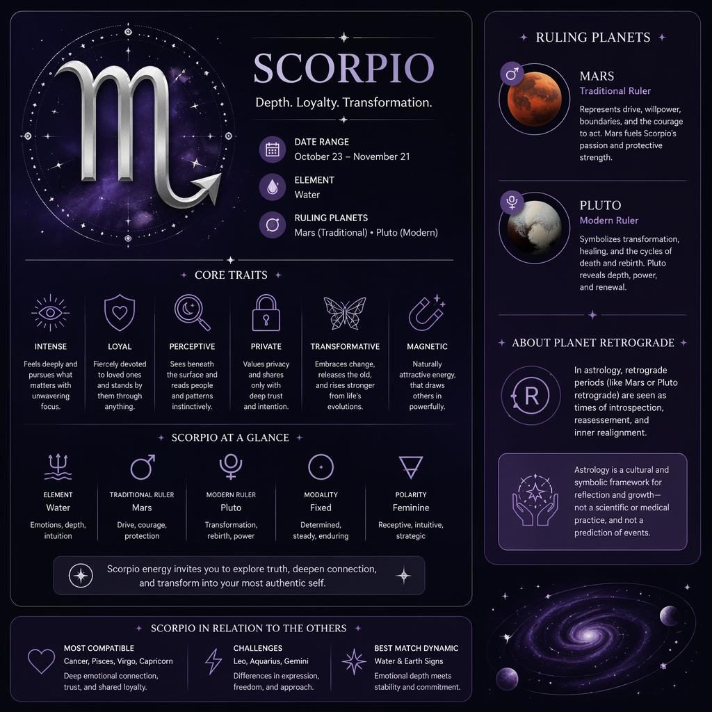 Minimal Scorpio infographic card in deep purple and silver with glyph, Mars and Pluto panels, traits, stars, and orbit lines.