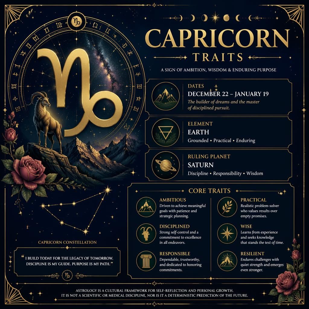 Art deco Capricorn traits infographic with Capricorn glyph, dates, element, ruling planet, traits, stars, moon phases, and gold borders.