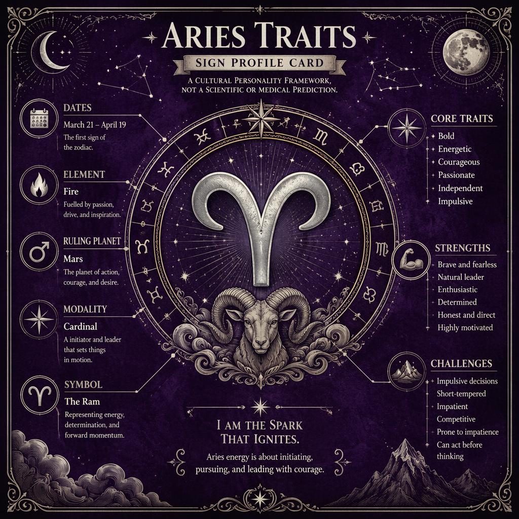 Vintage Aries traits infographic with Aries glyph, zodiac wheel, English callouts, deep purple and silver celestial design.