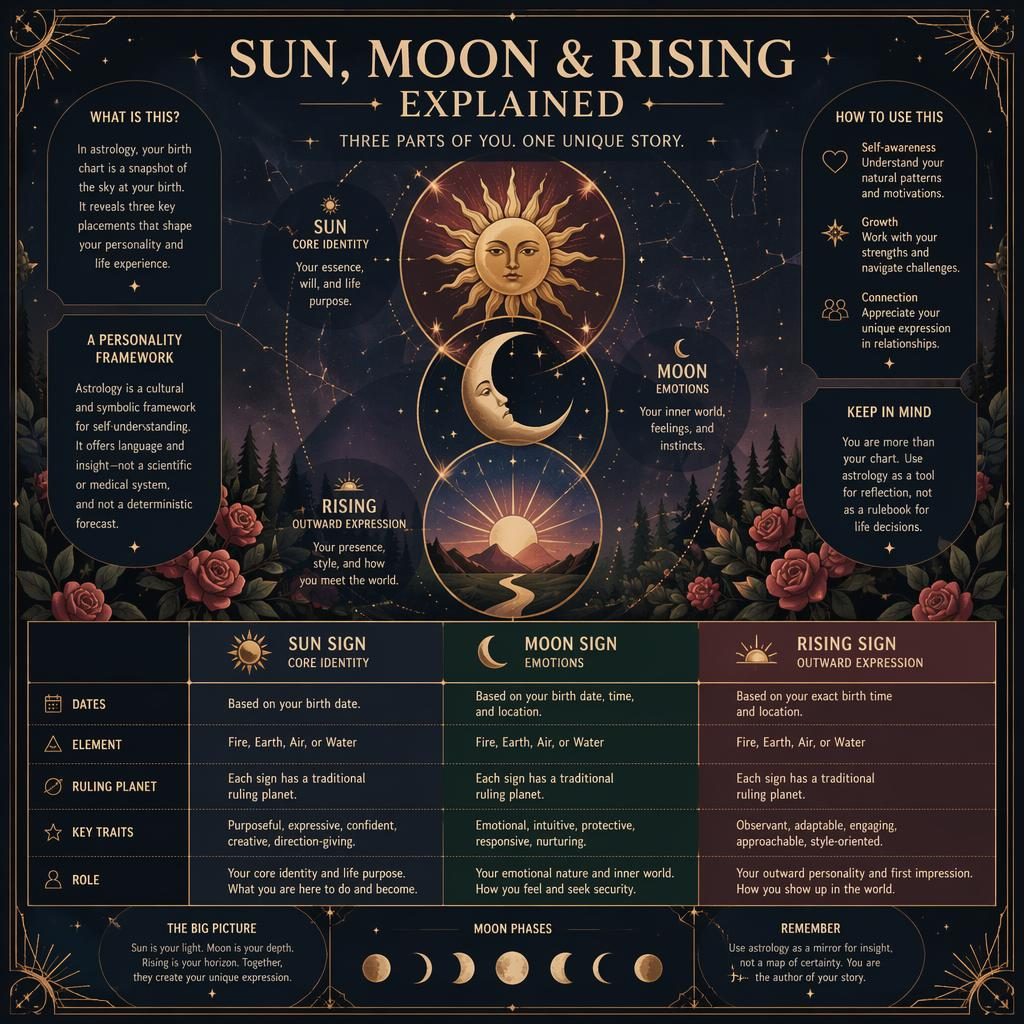 Art deco astrology infographic showing Sun, Moon, and Rising with gold celestial symbols, rose and forest tones, and English labels.