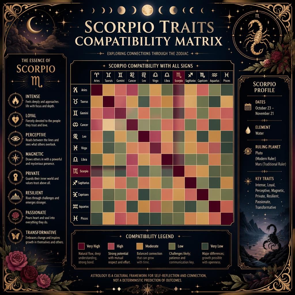 Mystical zodiac infographic with a 12×12 Scorpio compatibility heatmap, English sign labels, legend, trait notes, and celestial art.