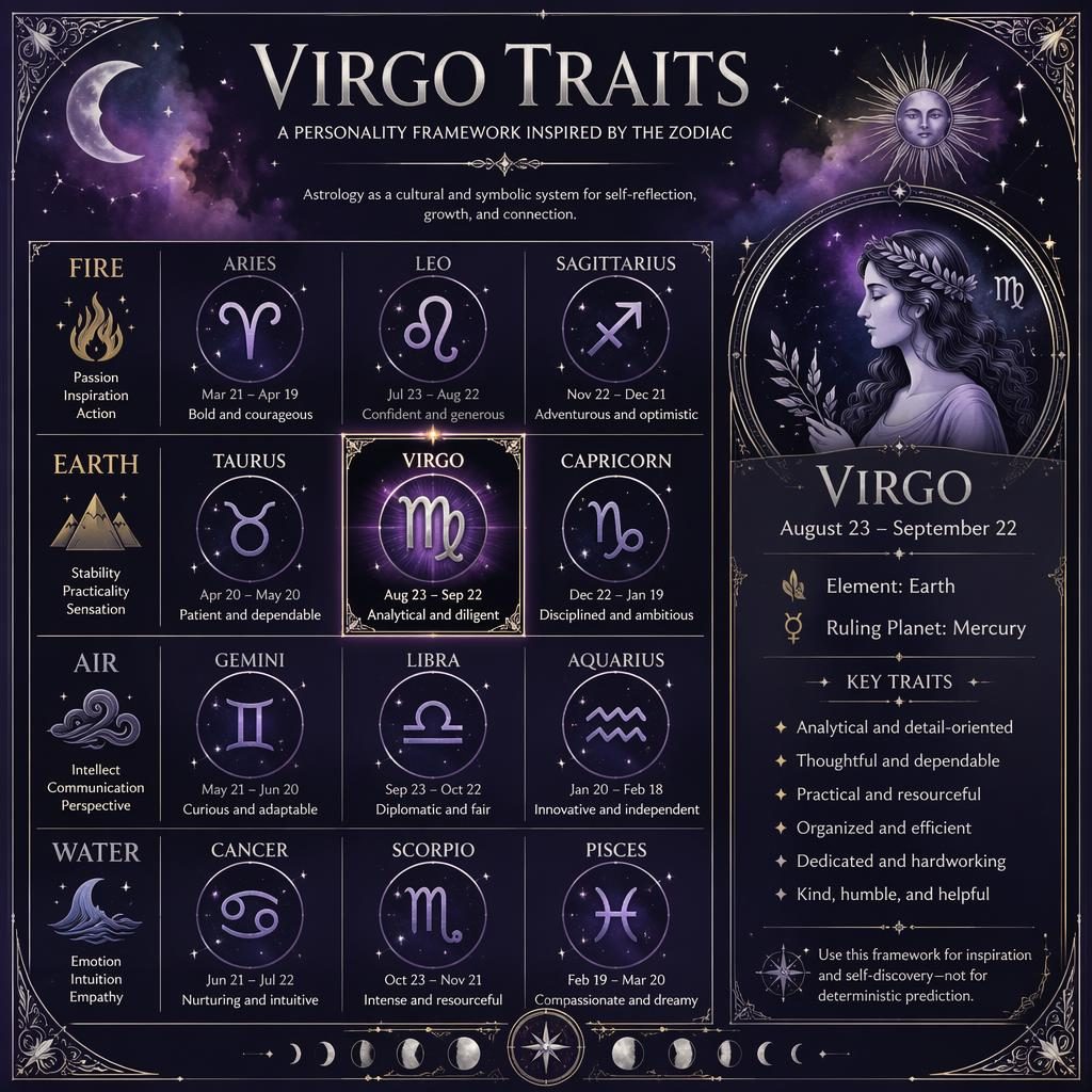 Watercolor zodiac infographic of 12 signs by element, with Virgo highlighted in earth signs, deep purple, silver linework.