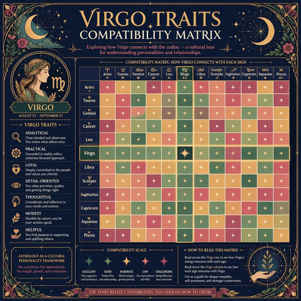 Art nouveau zodiac infographic with a 12x12 compatibility heatmap, Virgo highlighted, celestial motifs, deep blue and gold.