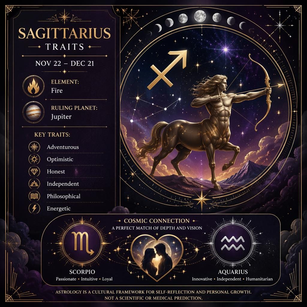 Infografía de Sagitario en estilo art déco dorado, morado profundo y plata, con glifo, fechas, rasgos y símbolos celestes.