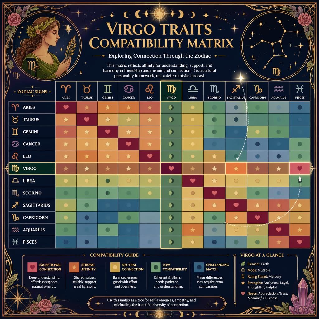 Infografía zodiacal art nouveau con matriz 12x12, Virgo destacado, paleta azul y dorado, signos y motivos celestes.