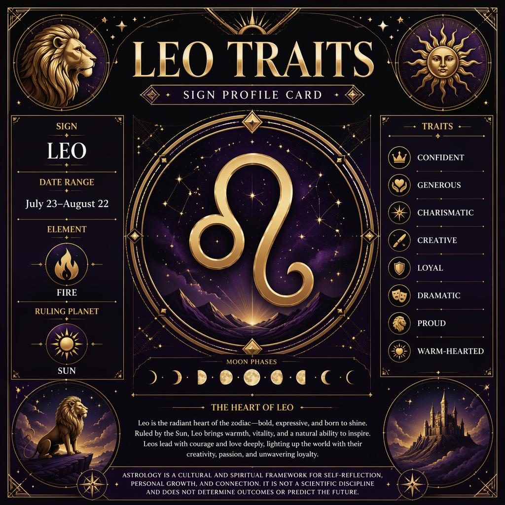Leo Traits zodiac infographic card with Leo glyph, Art Deco celestial motifs, purple gold silver palette, and traits panel.