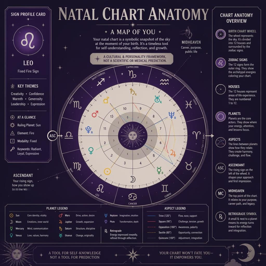 Retro astrology infographic with a circular birth chart wheel, zodiac ring, houses, planets, aspects, ascendant and midheaven.