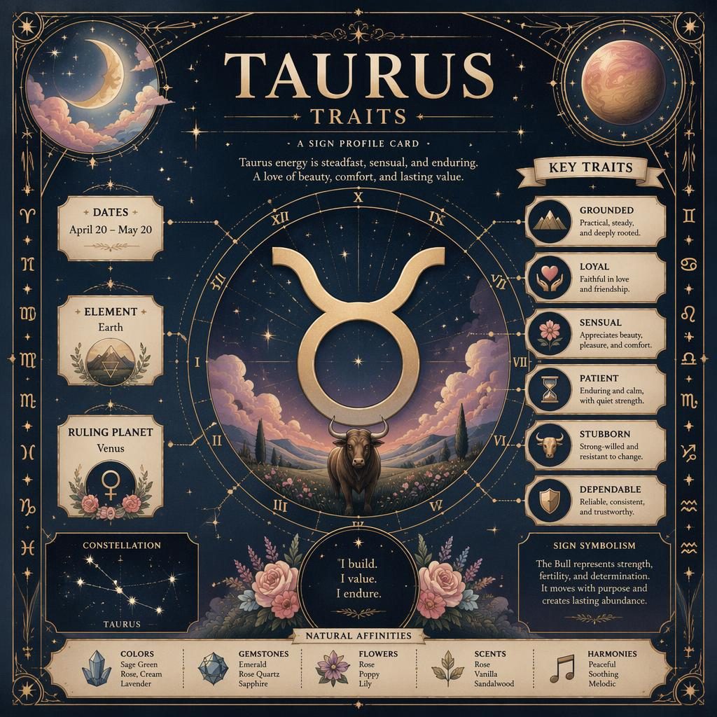 Vintage Taurus traits infographic with Taurus glyph, April 20–May 20, Earth, Venus, celestial border, and pastel chart motifs.