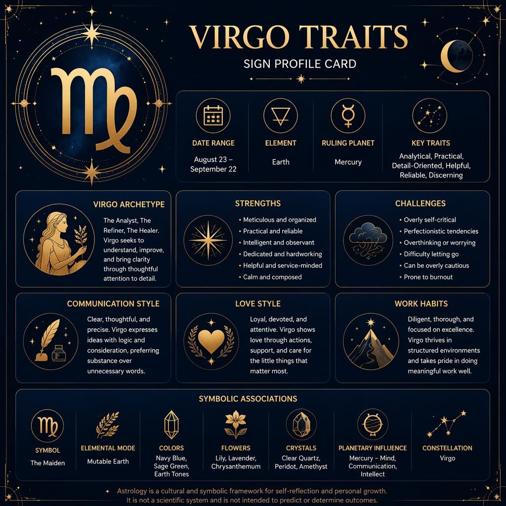 Infografía editorial del signo Virgo con glifo central, rasgos, Mercurio, fechas y secciones en azul medianoche y oro.