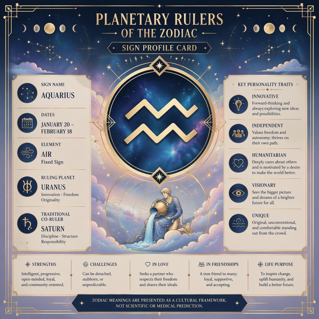 Infografía zodiacal Art Déco de Acuario con glifo central, texto en inglés, tonos pastel, azul profundo, dorado y motivos celestes.