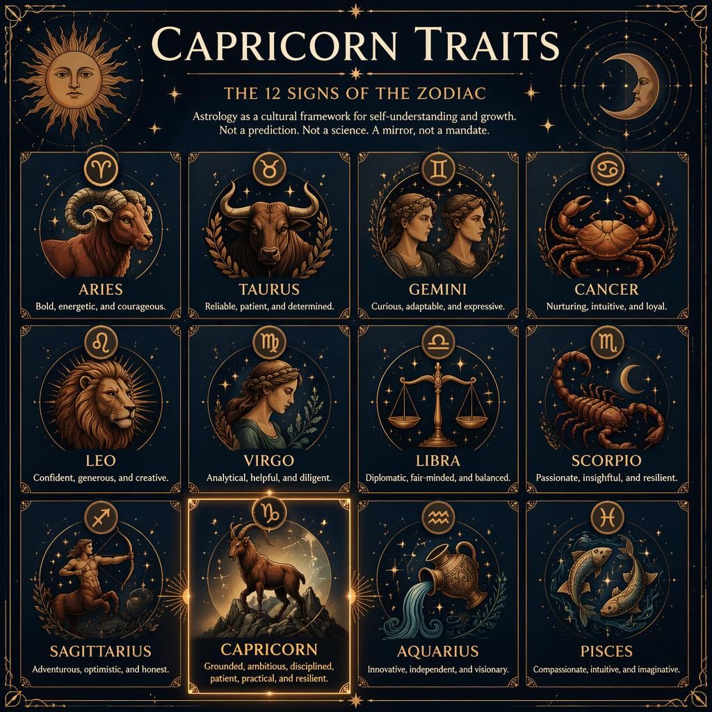 Infografía zodiacal Capricorn Traits en cuadrícula de 12 signos, con Capricornio destacado en azul profundo y dorado.