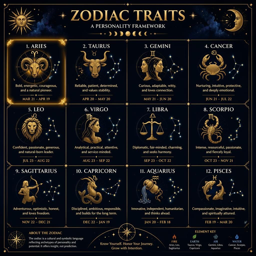 Midnight blue and gold zodiac infographic grid showing all 12 signs, Aries highlighted with glow, traits, icons, and date ranges.