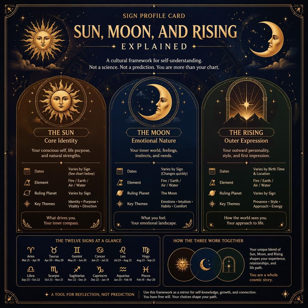 Editorial zodiac infographic with art deco gold celestial motifs, Sun Moon Rising sections, glyph trio, zodiac wheel background.