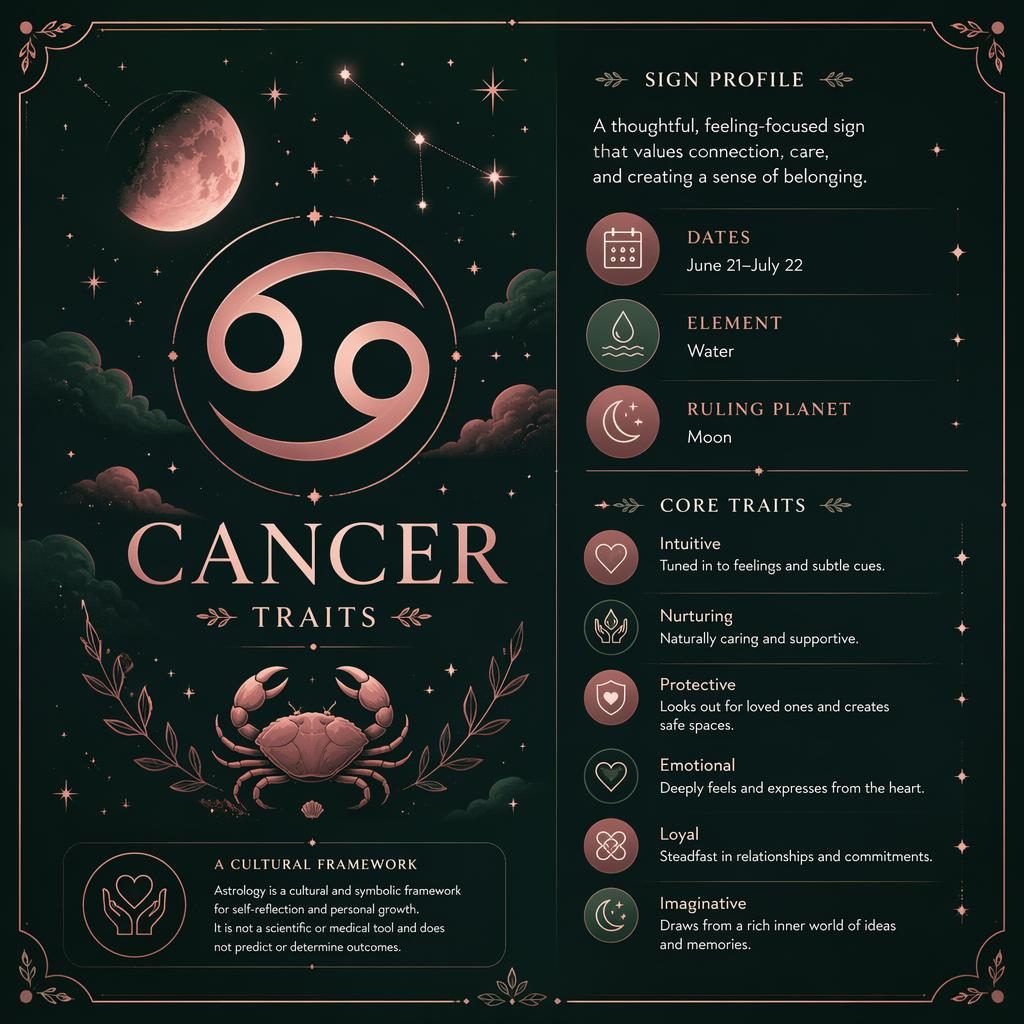 Minimal Cancer traits infographic with glyph, June 21–July 22, Water, Moon, stars, moon motifs, and subtle crab symbol.