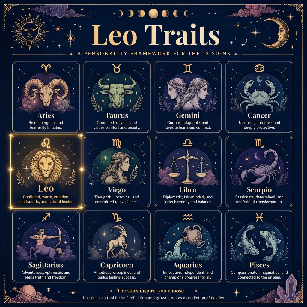 Editorial zodiac grid infographic with all 12 signs, Leo highlighted, celestial icons, constellation lines, stars, and moon phases.