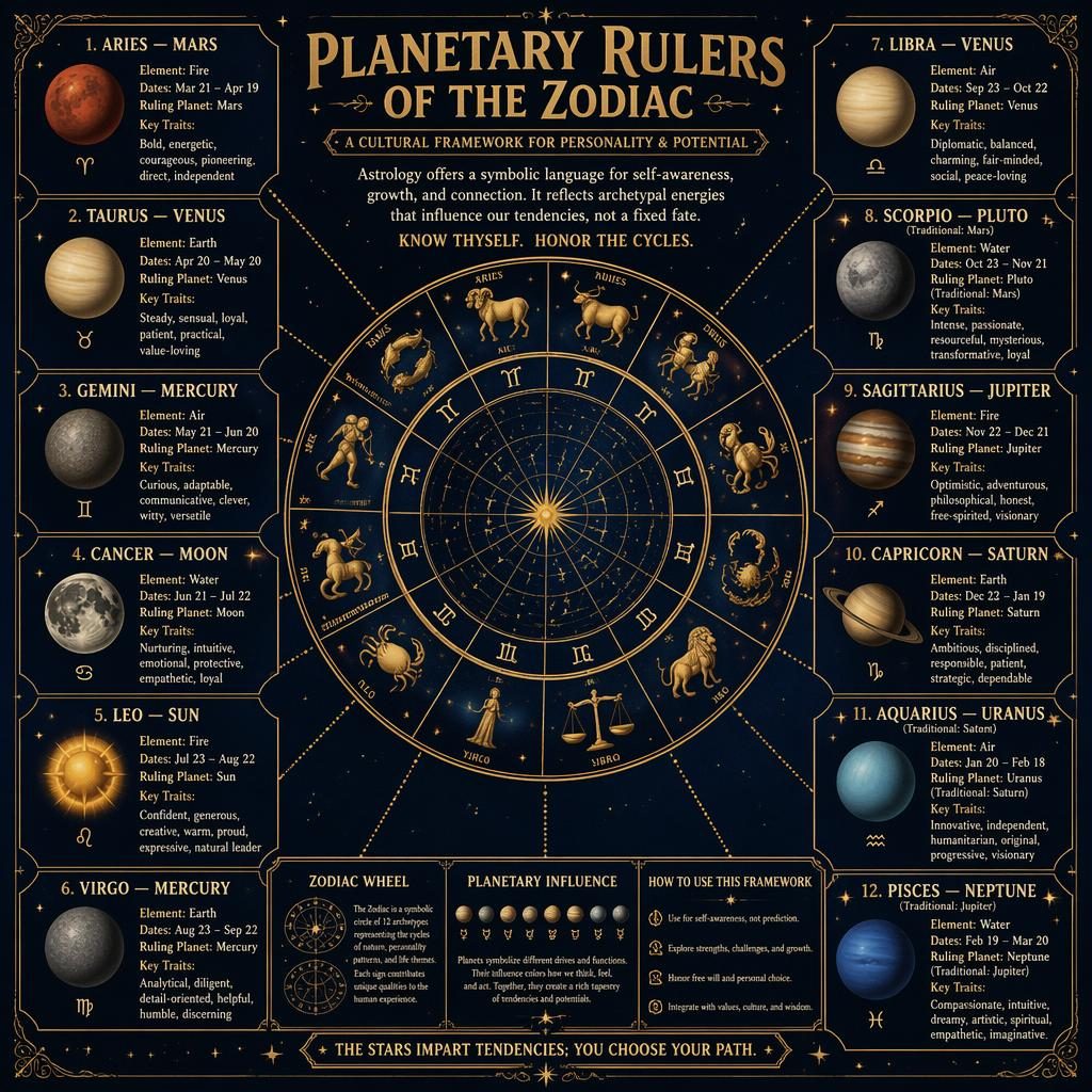 Vintage zodiac wheel infographic in midnight blue and gold showing 12 signs, ruling planets, dates, elements, and traits