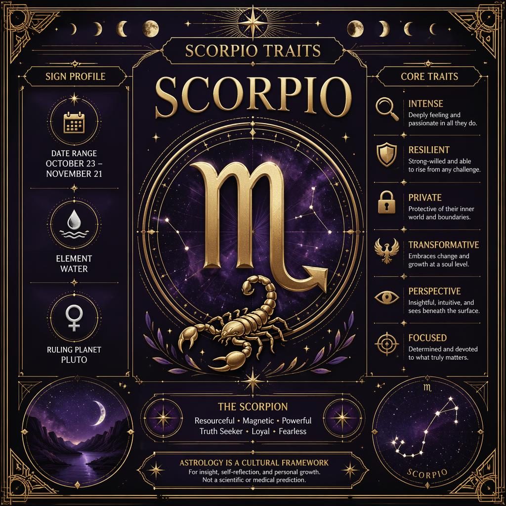 Art deco Scorpio traits infographic card with Scorpio glyph, Pluto, date range, traits, moon phases, star charts, and gold borders.