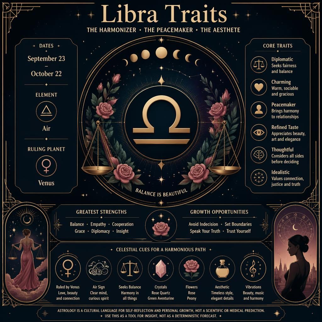 Art deco Libra traits infographic with gold glyph, dates, element, ruling planet, traits, stars, moon phases, and symmetry.