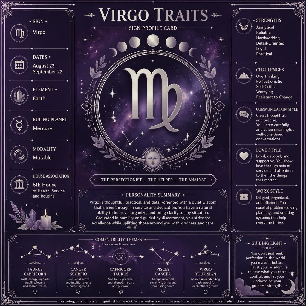 Virgo Traits zodiac infographic card with Virgo glyph, dates, Mercury, pastel purple and silver celestial charts.