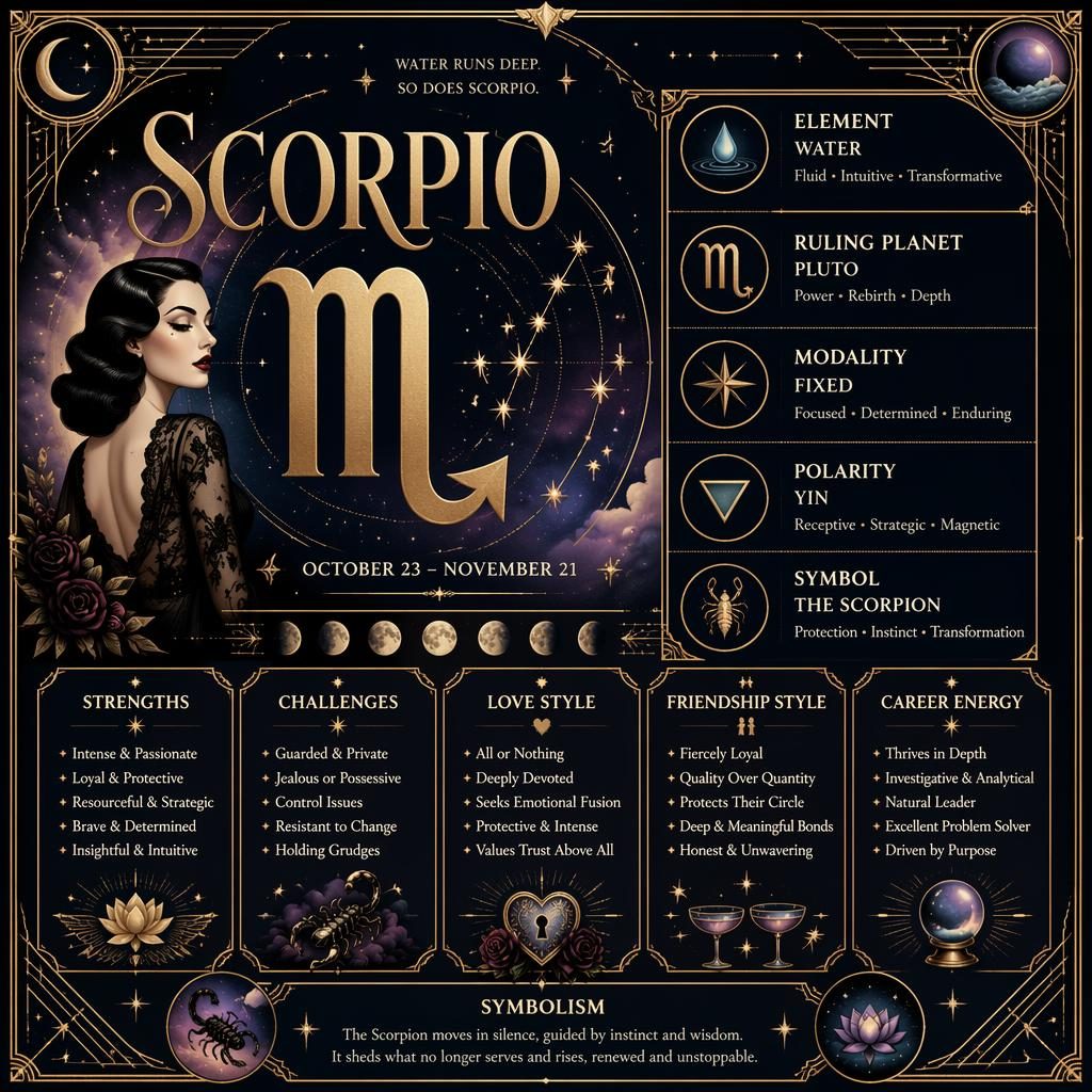 Scorpio Traits zodiac infographic with gold art deco borders, Scorpio glyph, constellation, moon phases, and pastel celestial details