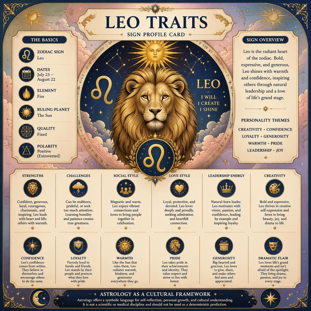 Infografía zodiacal vintage de Leo con glifo central, fechas, rasgos, secciones y símbolos celestiales en azul y dorado.