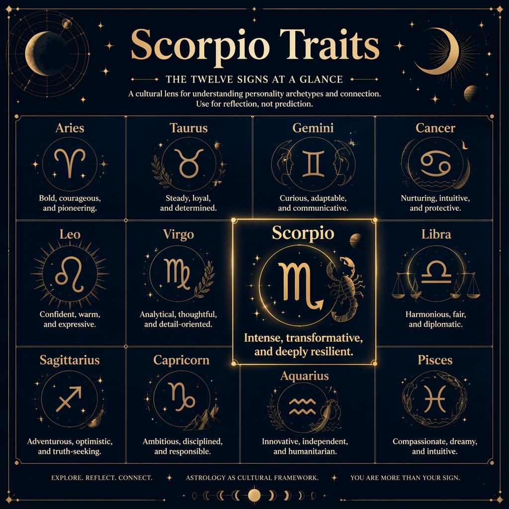Editorial zodiac infographic with a 12-sign grid, Scorpio highlighted, deep blue and gold celestial motifs and star maps.