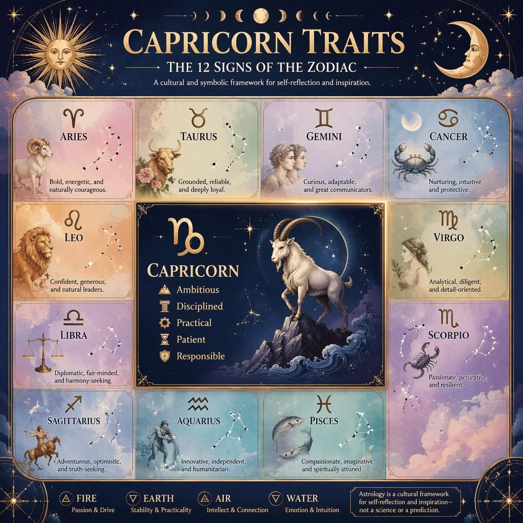 Celestial 12-sign zodiac grid infographic with Capricorn highlighted, English traits, glyphs, constellations, moon phases, blue and gold.