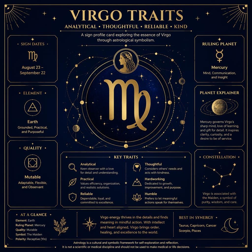 Infografía de Virgo en azul medianoche y dorado con glifo central, órbitas celestes, estrellas y secciones en inglés.