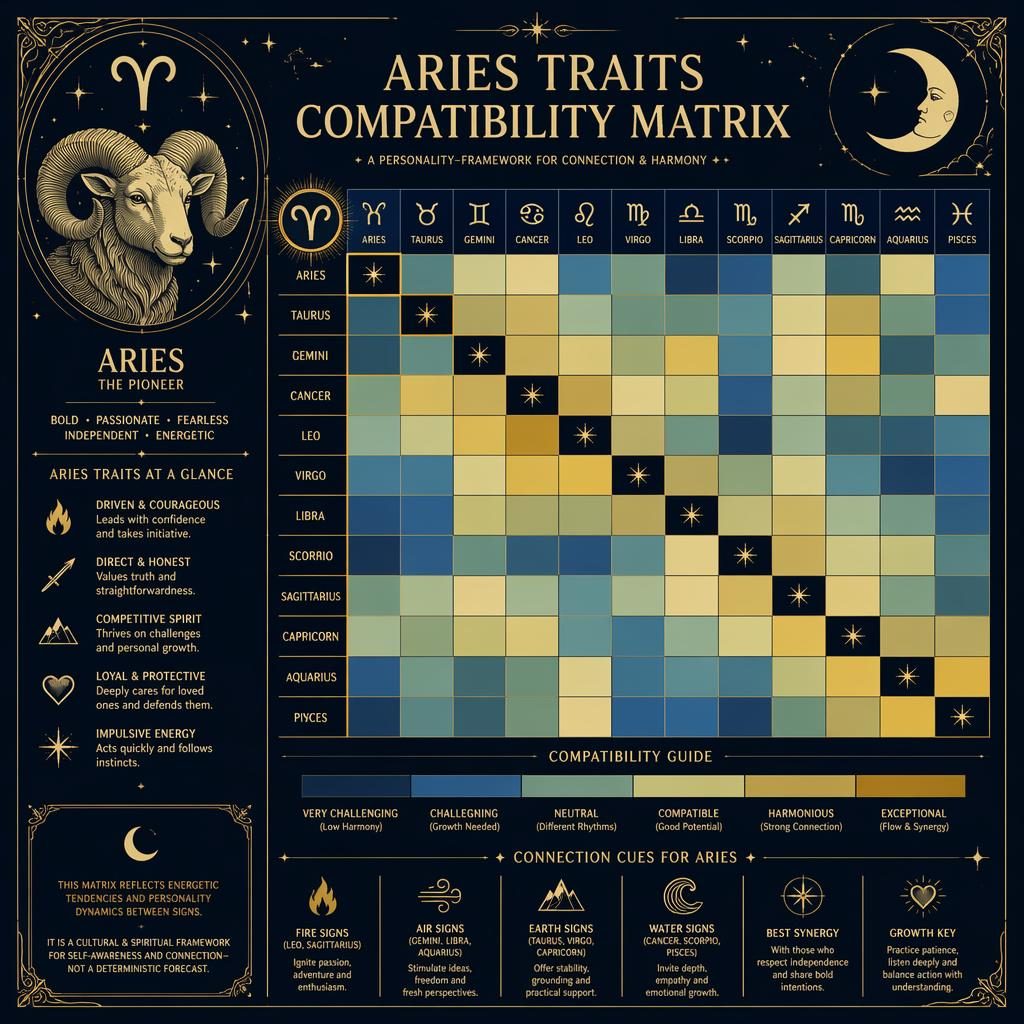 Art nouveau Aries compatibility matrix infographic with 12 zodiac signs, heatmap grid, deep blue and gold celestial motifs.