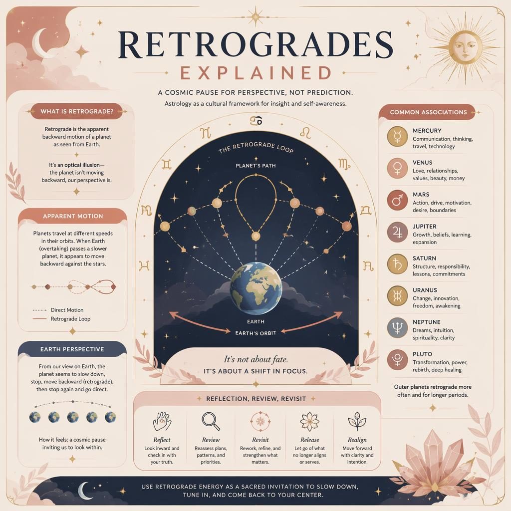 Infographie astrologique pastel avec schéma central du mouvement rétrograde, roue du zodiaque, flèches et symboles célestes.
