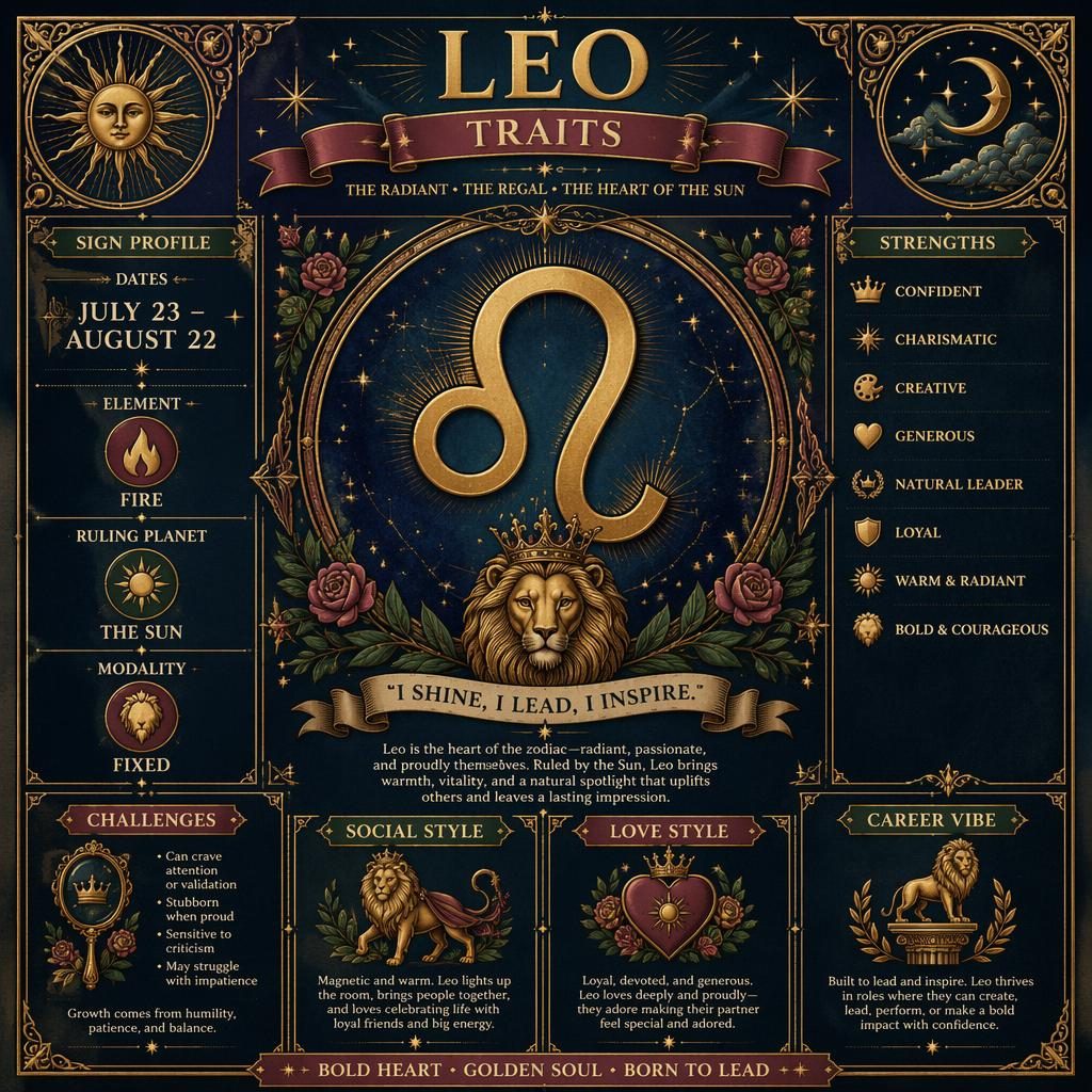 Infographie zodiacale Lion avec grand glyphe central, fond bleu nuit et or, motifs célestes, sections profil et accents rose.
