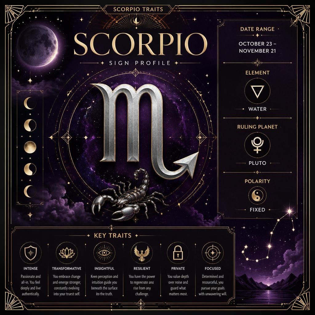 Mystical Scorpio traits infographic with gold glyph, deep purple and silver palette, celestial icons, borders, and sign details.