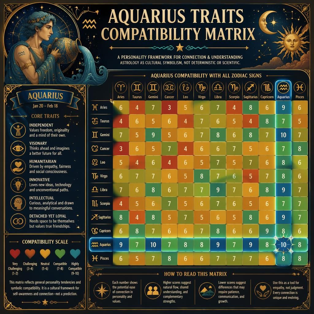 Infografía mística con matriz 12×12 de compatibilidad de Acuario, rueda zodiacal, tonos azul y dorado y bordes art nouveau.