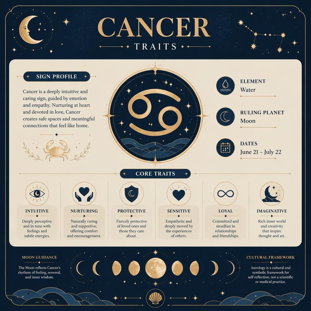 Cancer traits infographic card with Cancer glyph, June 21–July 22, Water, Moon, stars, moon phases, and soft blue-gold accents.