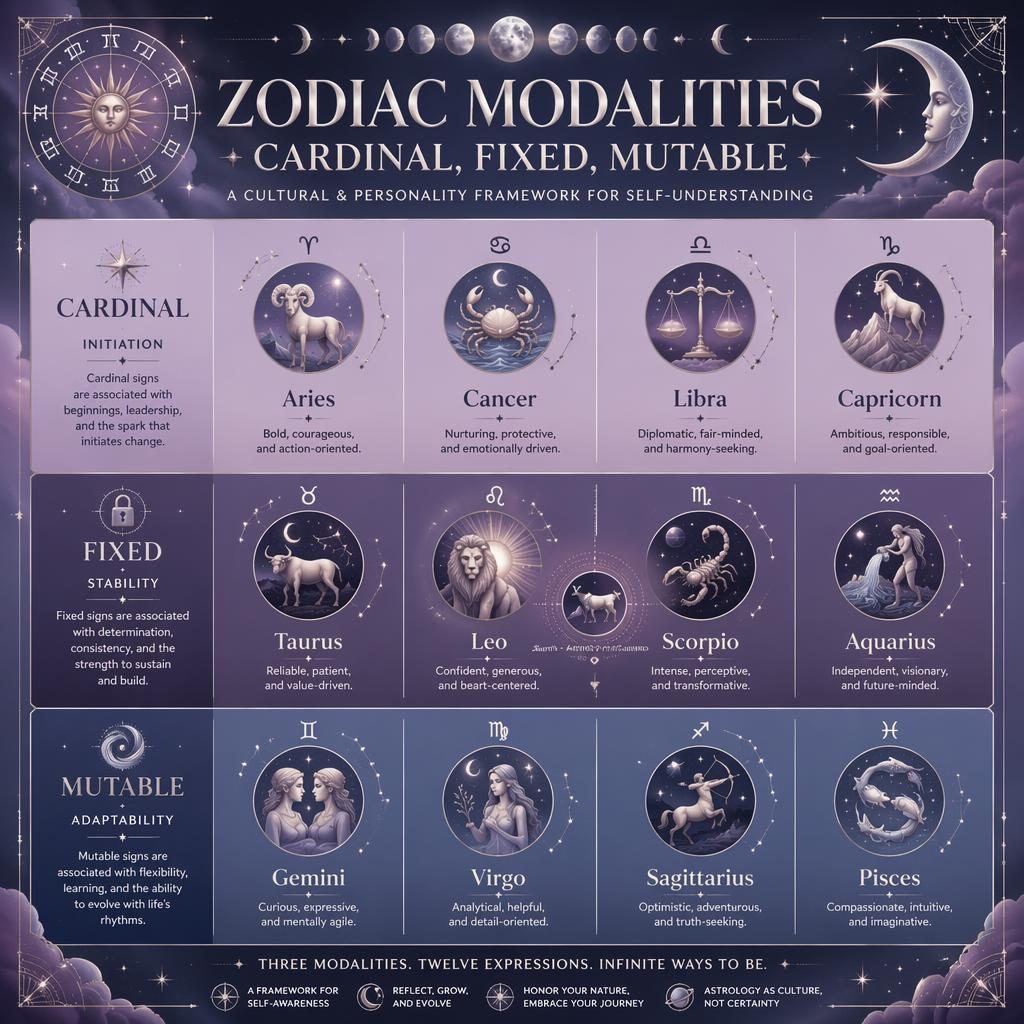 Infografía zodiacal en cuadrícula de 12 signos con grupos Cardinal, Fixed y Mutable, estética pastel morado y plata.