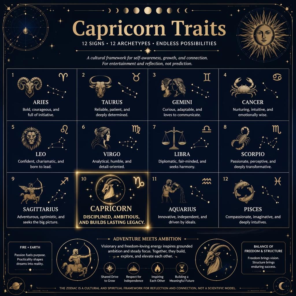 Infografía zodiacal en cuadrícula de 12 signos con Capricornio destacado, estilo editorial celeste en azul oscuro y dorado.