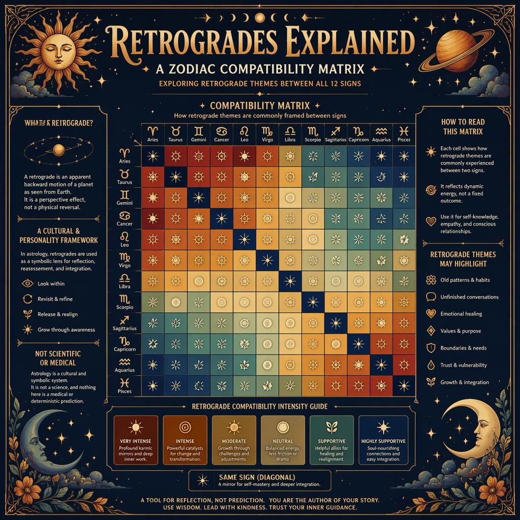 Art nouveau zodiac infographic heatmap on retrogrades with 12 sign matrix, glyphs, celestial borders, and English legend.