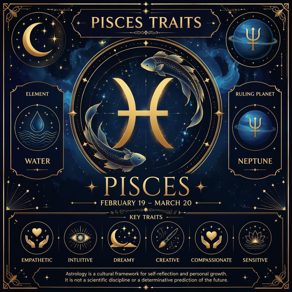 Tarjeta de perfil de Piscis en azul medianoche y dorado, con glifo central, lunas crecientes, carta estelar y bordes art déco.