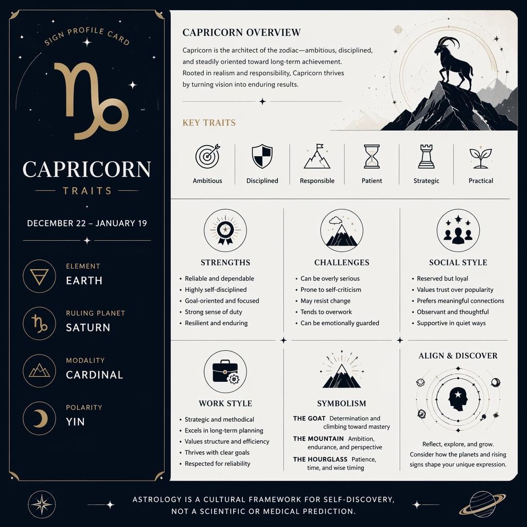 Minimal monochrome Capricorn traits infographic with zodiac glyph, Saturn, dates, stars, orbit lines, and profile sections.
