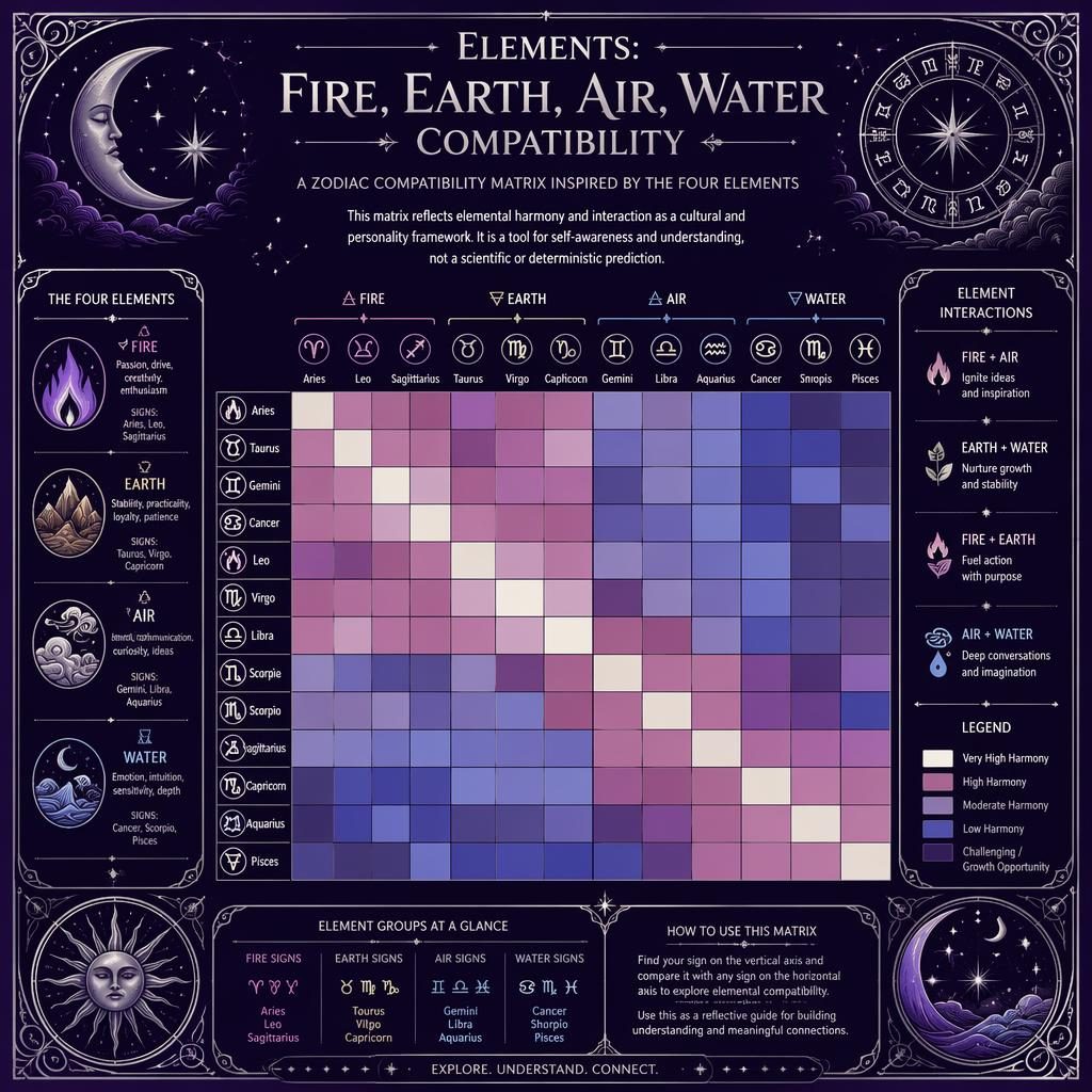 Art nouveau zodiac infographic with a 12x12 compatibility heatmap, deep purple and silver celestial motifs and English labels.