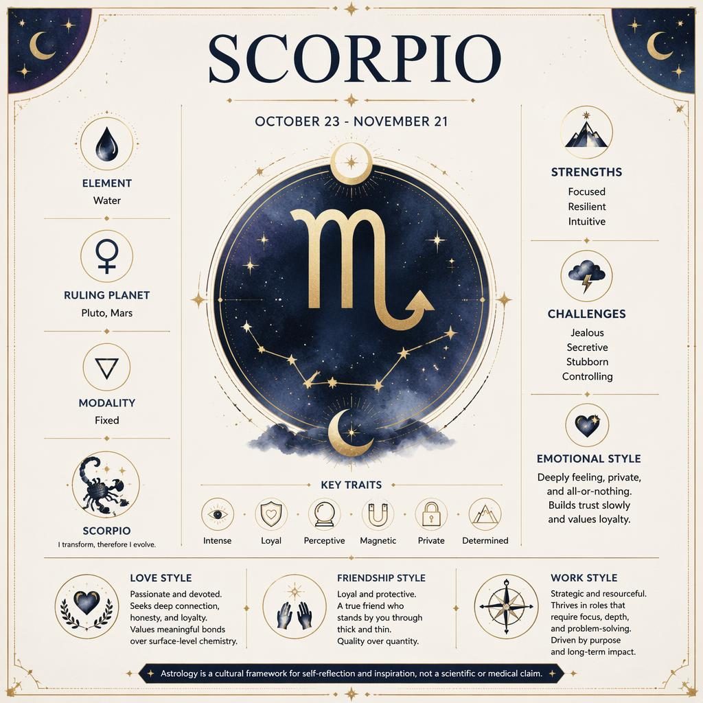 Tarjeta infográfica de Scorpio con glifo central, constelación, luna creciente, estrellas y acentos azul profundo y dorado.