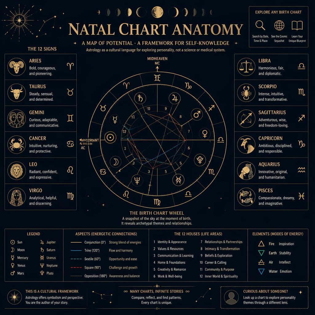 Editorial zodiac infographic with a central birth chart wheel, 12-sign grid, celestial icons, traits, star maps, and gold accents.