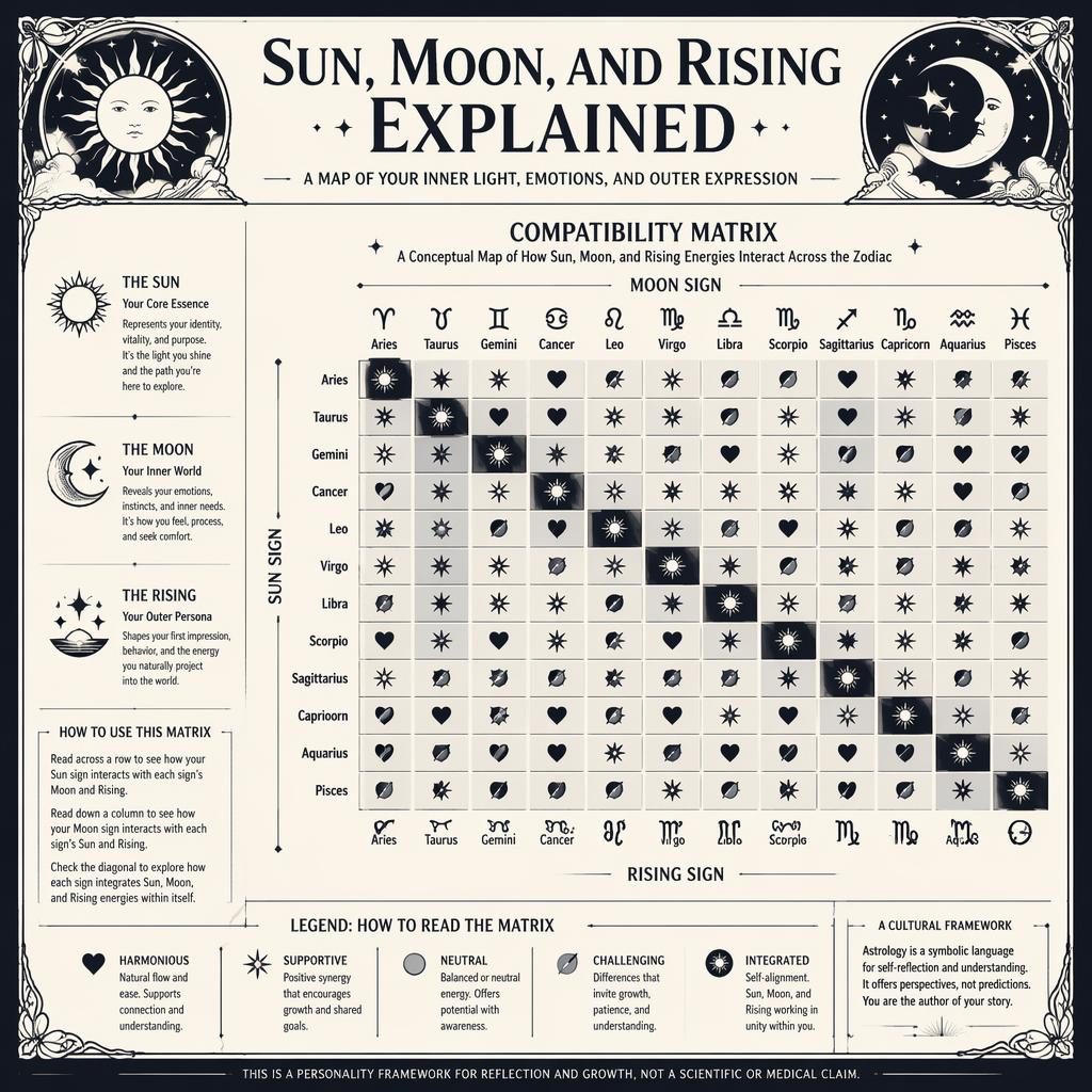Monochrome art nouveau zodiac infographic with a 12×12 compatibility matrix, Sun, Moon, Rising labels, glyphs, legend, and celestial borders.