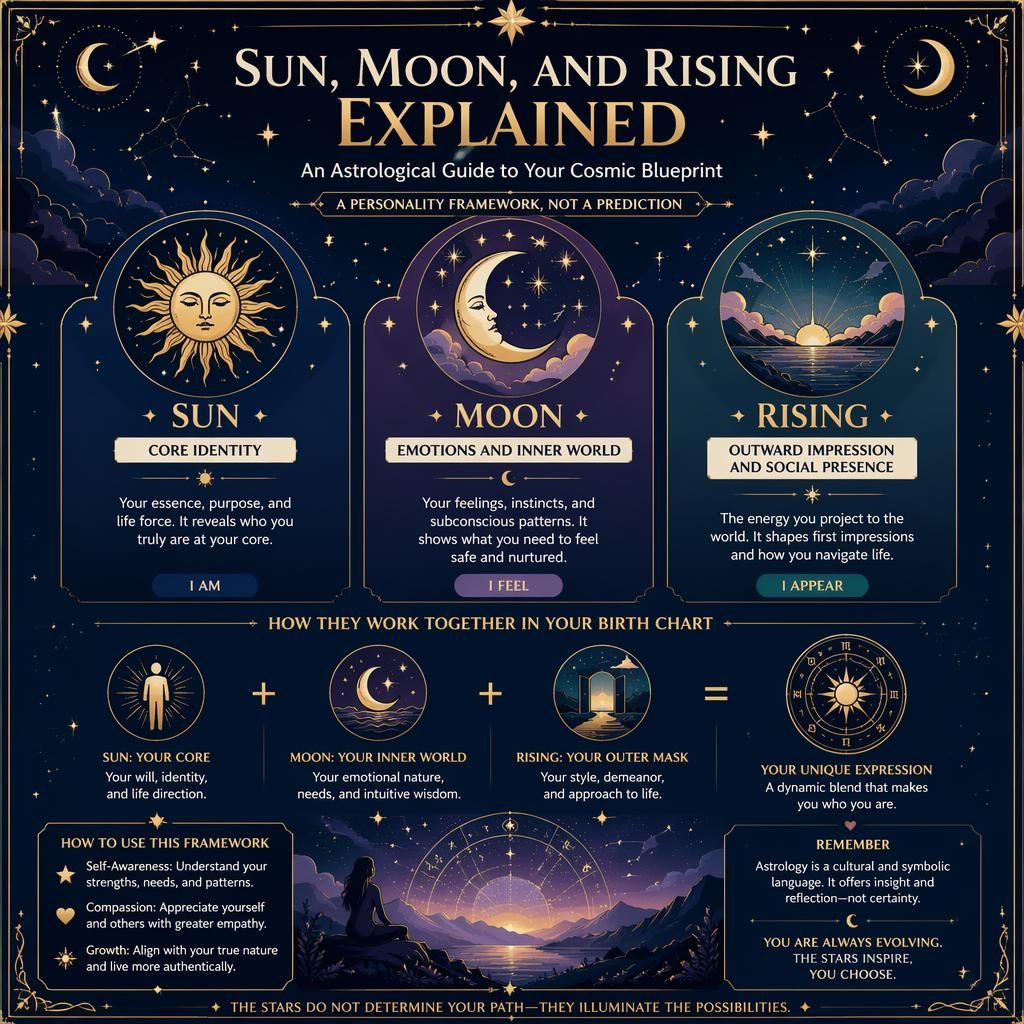 Pastel astrology infographic in midnight blue and gold explaining Sun, Moon, and Rising with celestial icons and chart callouts.